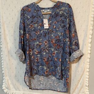 Nine West Linen Blend Floral Button Down M